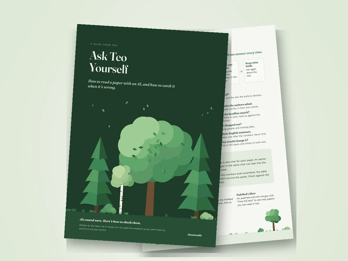 The cover of the Ask Teo Yourself guide, dark green with pines, a birch and a round tree, fanned over its page listing the twelve prompts in order.