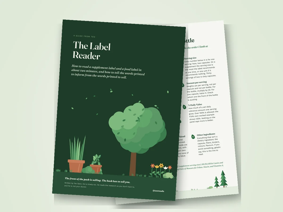 Cover of The Label Reader: a dark green page with potted plants, a round tree and flowers, under the title and the promise to read supplement and food labels in about two minutes.
